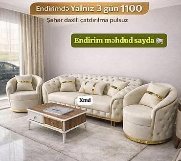 kreditle dolablar: - 3 hissəli salon dəsti: 1 ədəd üçlü divan + 2 ədəd kreslo - Rəng — 1