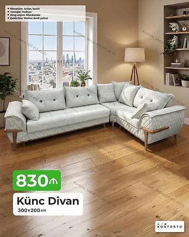 Künc divan – 300×200 sm - Mexanizm: açılan, bazalı (yataq funksiyası — 1