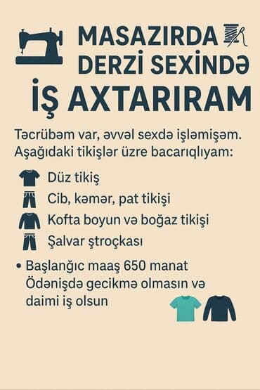 otel iş: Tikişçi tələb olunur, 1-2 illik təcrübə, 6/1, 10 günlük ödəniş — 1