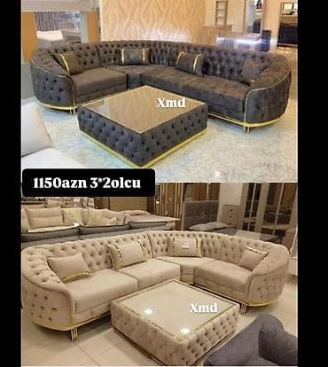 divan ucun macalka: Lüks künc divan dəsti – klassik kapitone dizaynlı, qızılı detallı — 1