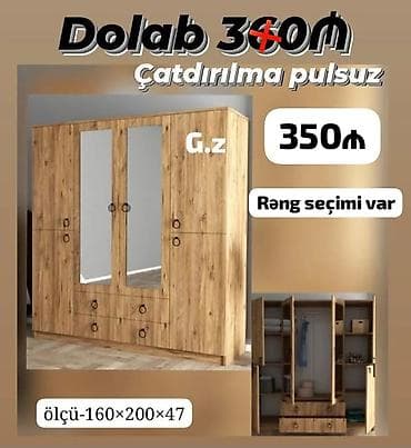 guzgu şamdan: Dolab – 3 qapılı, güzgülü model • Ölçü: 160×200×47 sm • Material: ağac — 1