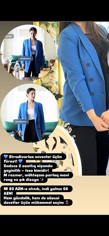 brend geyimlər: Stradivarius qadın blezeri - Rəng: canlı mavi - Model: ikiqat düyməli — 1
