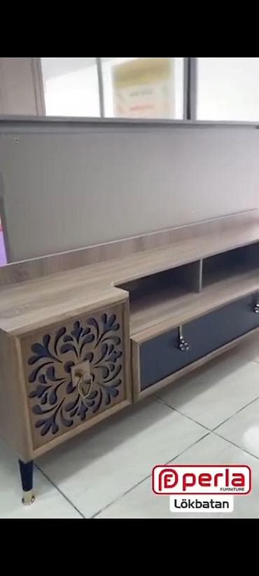 Прямой ТВ стенд, С полками, Деревянный — 2