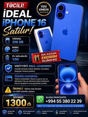 Elektronika: IPhone 16, 256 GB, Göy, Kredit — 1
