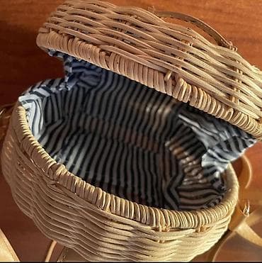 bel cantası: Dairəvi rattan çiyin çantası - Material: təbii rəttan toxuma, dəri — 2