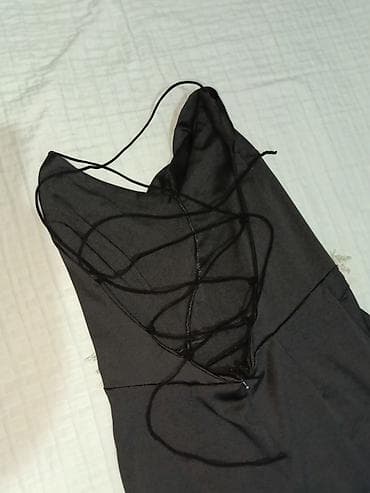 klyoş donlar: Qara şifon/saten effektli uzun ziyafət paltarı - Model: A-kəsim, yeri — 5