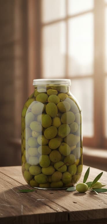 Təbii duzlu yaşıl zeytun – böyük cam bankada - Ev üsulu hazırlanmış