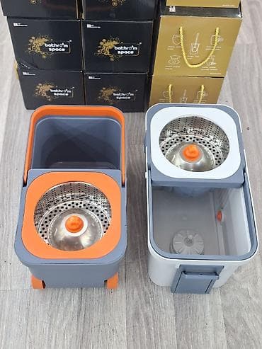 Şvabra, mop: Təkərli spin mop vedrə sistemi - İki bölməli dizayn: yuma və sıxma — 1