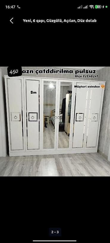 Yeni, 6 qapı, Güzgülü, Ağ, Açılan, Düz dolab