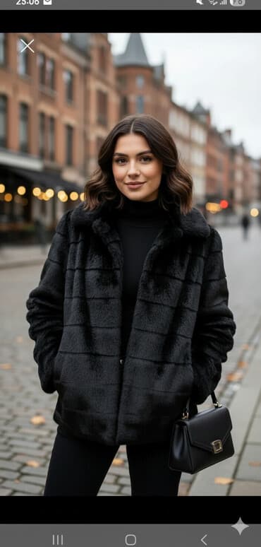 tülkü dərisindən qadın şubası: Razmer 40_42_44 olur - Rəng: dərin qara, parıltılı tekstura - Model — 1