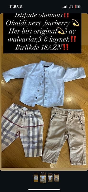 Uşaq geyim dəsti – Okaidi, Next, Burberry - 1 ədəd köynək: 3–6 ay