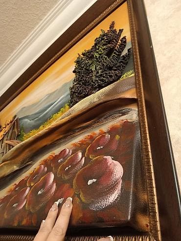 İncəsənət və kolleksiyalar: Unikal 3D fakturalı rəsm tablosu - Mövzu: dağ mənzərəsi fonunda kənd — 4