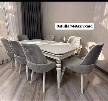 parda tül: Qonaq otağı üçün, Yeni, Açılmayan, Dördbucaq masa, 6 stul — 1