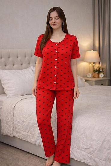 Qadın pijama dəsti – qısa qollu, düyməli üst və uzun şalvar - Dizayn