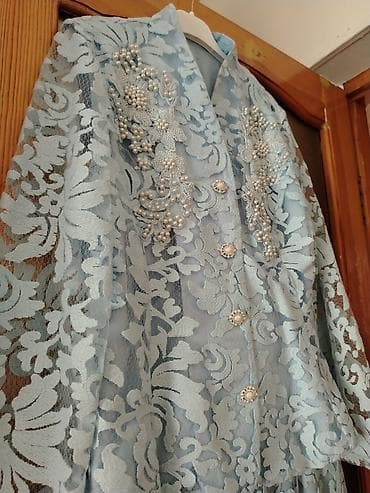 xari bulbul yaxa sancagi: Mavi krujeva qadın dəsti – pencək + ətək - Rəng: açıq mavi (pastel) - — 7