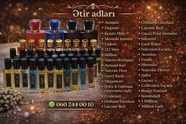 Toy paltarları və aksesuarları: Məhsul: Qadın və kişi üçün müxtəlif ətirlər Xüsusiyyətlər: - Qalıcı — 2