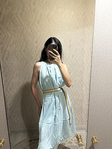 Şəxsi əşyalar: Mavi rəngli kətan yay donu - Model: yüngül, axıcı fakturalı, qolsuz — 3