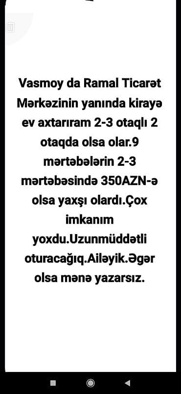 icare obyek: Vasmoyda Ramal Ticarət Mərkəzinin arxasında kirayə mənzil axtarılır — 1