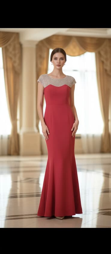 qedimi mirvari: Qırmızı rəngdə zərif axşam/gecə donu. Yuxarı hissəsi şəffaf tül — 1