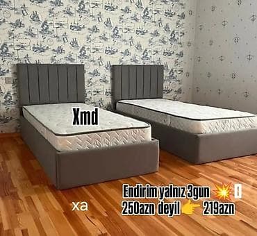 vitrin etir: Tək nəfərlik çarpayı dəsti – boz rəngdə yumşaq başlıq və baza — 1