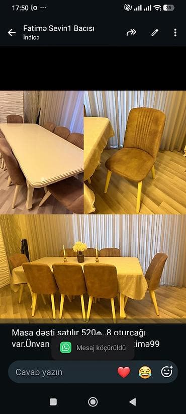 Masa dəsti satılır 520₼. 8 oturcağı var.Ünvan Nərimanov. 6036
