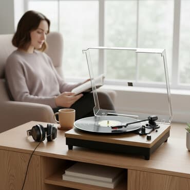 Yeni Val oxudan patefon vinil pleyer retro görünüşü və müasir