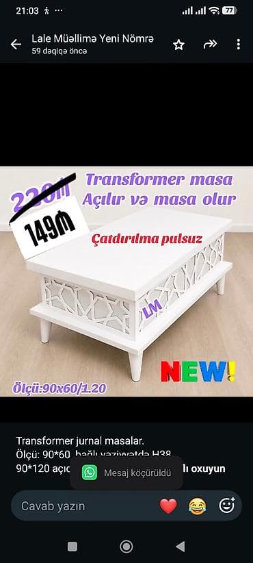 dizustu masa: Transformer jurnal masalar. Ölçü: 90*60 bağlı vəziyyətdə H38 90*120 — 1