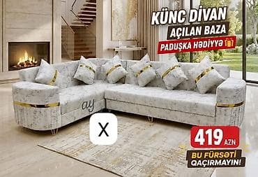 Künc divan – açılan baza ilə - Rəng: açıq boz mərmər naxışlı parça - — 1