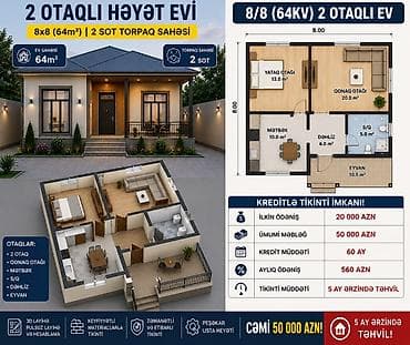 ev temiri qiymeti: 2 otaqlı həyət evi – 8x8 planla tikinti xidməti Ümumi ev sahəsi: 64 — 1