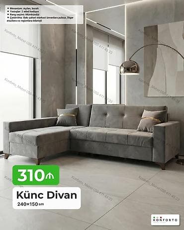 Künc divan – 240×150 sm - Mexanizm: açılan, bazalı - Yastıqlar: 2 — 1