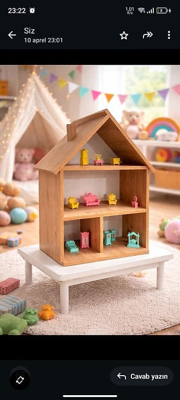 iki mertebeli krafat: Taxta Kukla Evi – rəfli model - Material: təbii ağac görünüşlü — 1