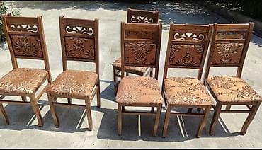 - Taxta çərçivəli, oyma naxışlı klassik yemək otağı stulları dəsti -