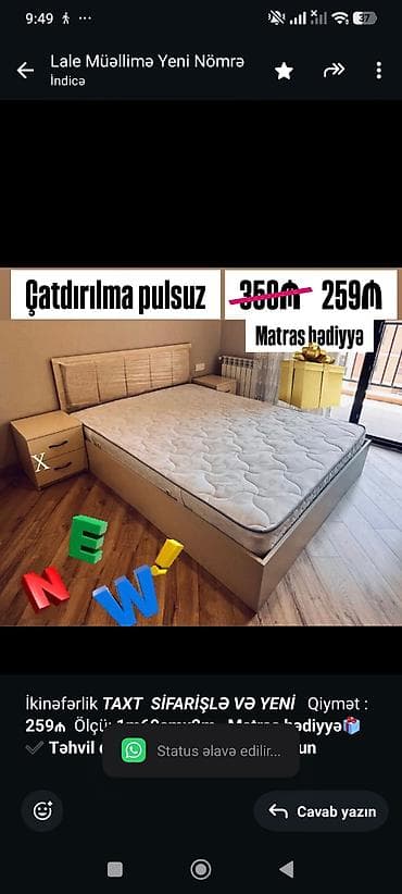 taxt satilir: İkinəfərlik _*TAXT*_ _*SİFARİŞLƏ VƏ YENİ*_ Qiymət : *259₼* Ölçü — 1