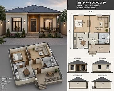 ev temiri qiymeti: 2 otaqlı həyət evi – 8x8 planla tikinti xidməti Ümumi ev sahəsi: 64 — 2