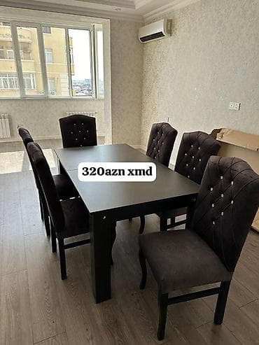 qara sam: Yemək otağı dəsti – masa + 6 stul - Seçimlər: - Tünd qara rəngdə — 3