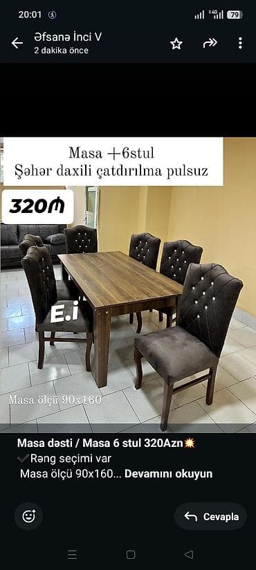 *Masa dəsti / Masa 6 stul 320Azn💥* ✔️Rəng seçimi var Masa ölçü — 1