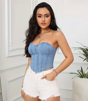 женские футболки и майки в полоску: Mavi rəngdə, büstiyer üslubunda, qabaqdan zəncirbəndli, cins — 5