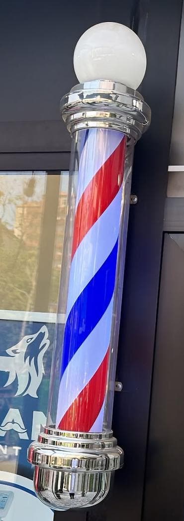 barber reklam: Barber Shop lövhəsi – klassik dönən “barber pole” - Rənglər: qırmızı — 2