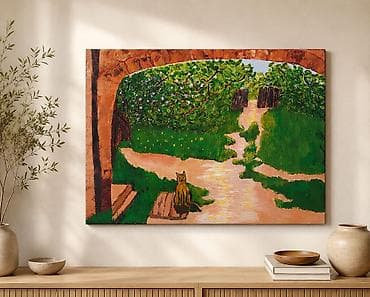 Ev və bağ: Əl işi tablo – 60×80 sm | Bağ mənzərəsi və pişik | Ev dekoru üçün — 2