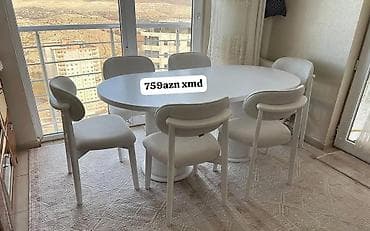 saxta baba seiri: Ağ rəngdə yemək dəsti – oval masa və 6 ədəd stul. - Masa: oval — 2