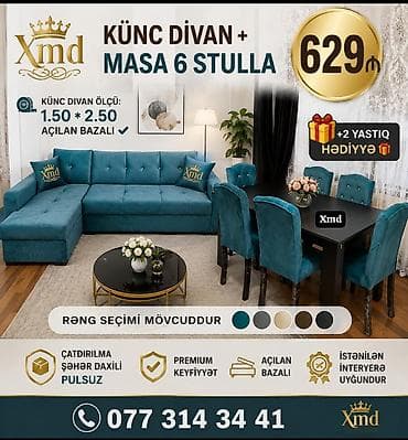 madeyra divanlar: Künc divan + masa və 6 stul dəsti - Künc divanın ölçüsü: 1.50 × 2.50 — 1