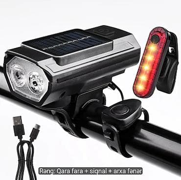 Velosiped üçün günəş paneli ilə ön fara + 120 dB siqnal + arxa fənər
