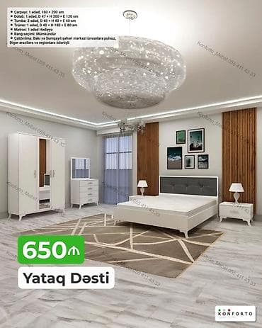 tek dolablar: Yataq Dəsti – 650 ₼ Tərkibi və ölçülər: - Çarpayı: 1 ədəd, 160 × 200 — 1