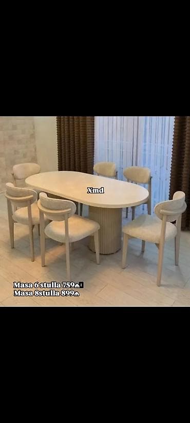 masa taxta: Oval formalı yemək masası dəsti, açıq bej tonlarında. - Masa: oval — 1
