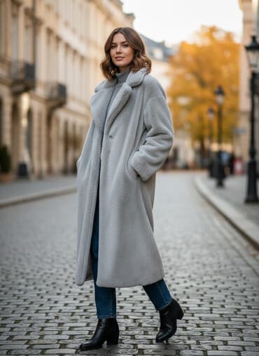 Qadınlar üçün boz rəngli xəz palto. - Model: uzun, düz kəsim -