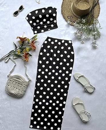 Qara-ağ xallı iki hissəli qadın dəsti - Üst: strapless/bando crop — 1