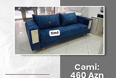 Mavi məxməri parça ilə örtülmüş zərif divan. - 3 oturacaqlı, yumşaq
