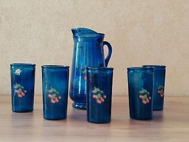 icki: Mavi şüşə sürahi və 6 stəkandan ibarət dəst - Material: qalın — 1