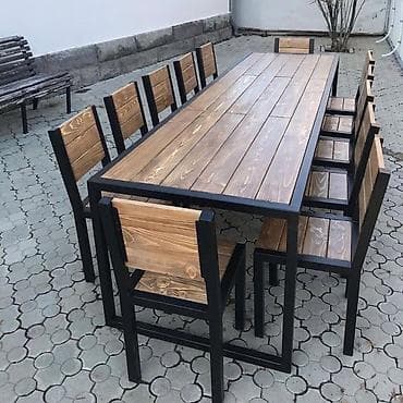 bərbər mebeli: Metall karkaslı massiv taxta açıq hava yemək ucun stol Bu dəst ailə — 1