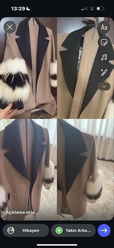 Kadın palto – qəhvəyi gövdə, qara kontrastlı geniş yaxa və manjetlərdə